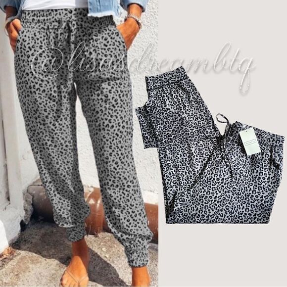 NWT Gray & Black Leopard Print Relaxed Fit Drawstring Waist Jogger Casual Pants - Picture 1 of 10